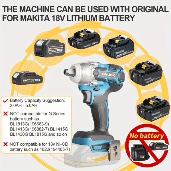 SNUOK 18V 280N.m Torque, Chave de Catraca Elétrica Sem Escova de 1/2", Broca Sem Fio de Função Dupla, Motor de Cobre Puro, Ideal para Reparo Automotivo, Motociclismo e Melhoria Doméstica, Compatível com Bateria de Lítio Original Makita 18V, Sem Necessidade de Bateria, Ferramenta de Reparo de Motocicleta | Aparência Ergonômica | Construção Durável, Chave de Catraca - Imagem 8