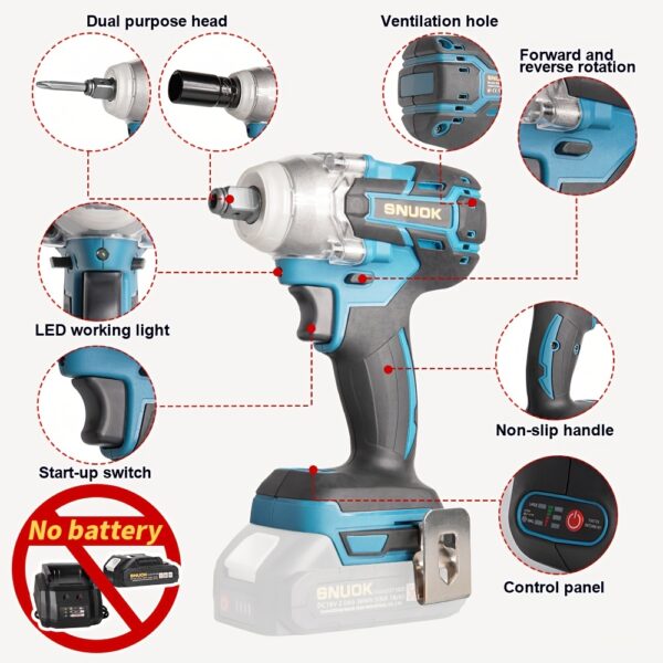 SNUOK 18V 280N.m Torque, Chave de Catraca Elétrica Sem Escova de 1/2", Broca Sem Fio de Função Dupla, Motor de Cobre Puro, Ideal para Reparo Automotivo, Motociclismo e Melhoria Doméstica, Compatível com Bateria de Lítio Original Makita 18V, Sem Necessidade de Bateria, Ferramenta de Reparo de Motocicleta | Aparência Ergonômica | Construção Durável, Chave de Catraca - Imagem 10
