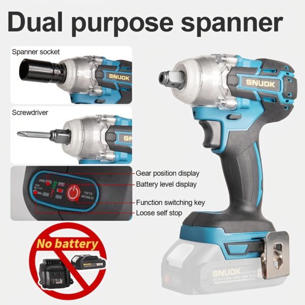 SNUOK 18V 280N.m Torque, Chave de Catraca Elétrica Sem Escova de 1/2", Broca Sem Fio de Função Dupla, Motor de Cobre Puro, Ideal para Reparo Automotivo, Motociclismo e Melhoria Doméstica, Compatível com Bateria de Lítio Original Makita 18V, Sem Necessidade de Bateria, Ferramenta de Reparo de Motocicleta | Aparência Ergonômica | Construção Durável, Chave de Catraca - Imagem 5
