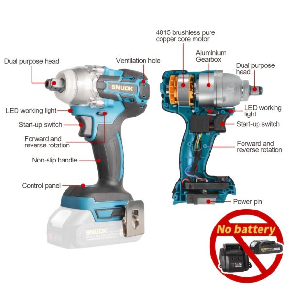 SNUOK 18V 280N.m Torque, Chave de Catraca Elétrica Sem Escova de 1/2", Broca Sem Fio de Função Dupla, Motor de Cobre Puro, Ideal para Reparo Automotivo, Motociclismo e Melhoria Doméstica, Compatível com Bateria de Lítio Original Makita 18V, Sem Necessidade de Bateria, Ferramenta de Reparo de Motocicleta | Aparência Ergonômica | Construção Durável, Chave de Catraca - Imagem 6