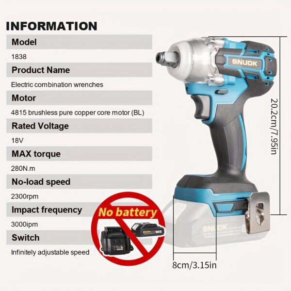SNUOK 18V 280N.m Torque, Chave de Catraca Elétrica Sem Escova de 1/2", Broca Sem Fio de Função Dupla, Motor de Cobre Puro, Ideal para Reparo Automotivo, Motociclismo e Melhoria Doméstica, Compatível com Bateria de Lítio Original Makita 18V, Sem Necessidade de Bateria, Ferramenta de Reparo de Motocicleta | Aparência Ergonômica | Construção Durável, Chave de Catraca - Imagem 7
