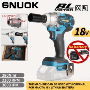 SNUOK 18V 280N.m Torque, Chave de Catraca Elétrica Sem Escova de 1/2", Broca Sem Fio de Função Dupla, Motor de Cobre Puro, Ideal para Reparo Automotivo, Motociclismo e Melhoria Doméstica, Compatível com Bateria de Lítio Original Makita 18V, Sem Necessidade de Bateria, Ferramenta de Reparo de Motocicleta | Aparência Ergonômica | Construção Durável, Chave de Catraca