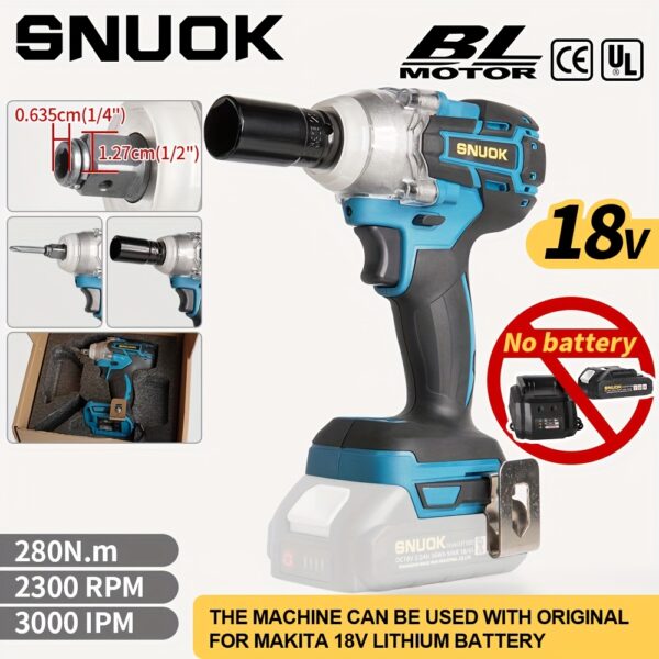 SNUOK 18V 280N.m Torque, Chave de Catraca Elétrica Sem Escova de 1/2", Broca Sem Fio de Função Dupla, Motor de Cobre Puro, Ideal para Reparo Automotivo, Motociclismo e Melhoria Doméstica, Compatível com Bateria de Lítio Original Makita 18V, Sem Necessidade de Bateria, Ferramenta de Reparo de Motocicleta | Aparência Ergonômica | Construção Durável, Chave de Catraca