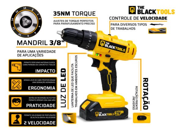 Parafusadeira E Furadeira De Impacto 3/8 The Black Tools Tb21-pz Com 2 Baterias E Acessorios - Imagem 6