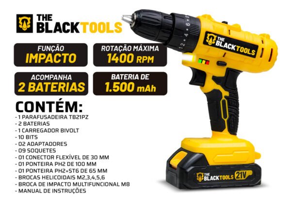 Parafusadeira E Furadeira De Impacto 3/8 The Black Tools Tb21-pz Com 2 Baterias E Acessorios - Imagem 8