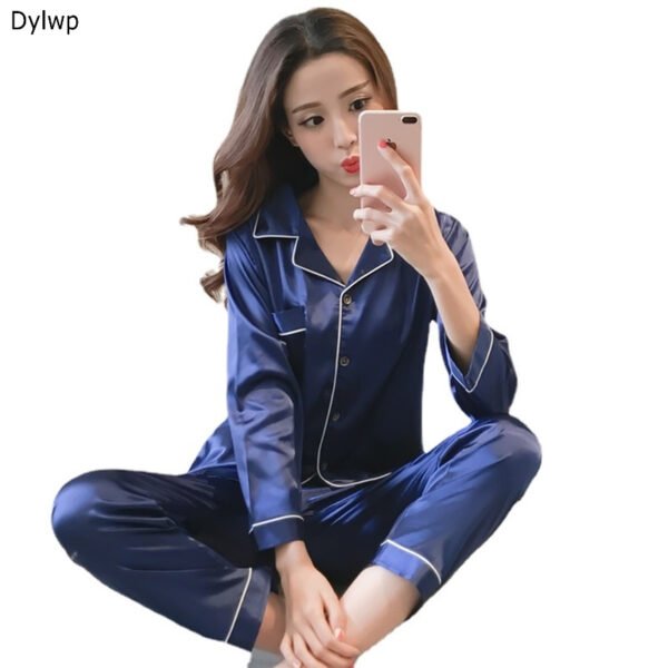 Conjunto De Pijama Feminino De Duas Peças De Cetim De Seda Com Manga Comprida Plus Size - Imagem 3