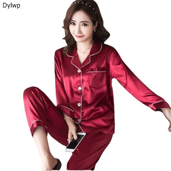 Conjunto De Pijama Feminino De Duas Peças De Cetim De Seda Com Manga Comprida Plus Size - Imagem 5